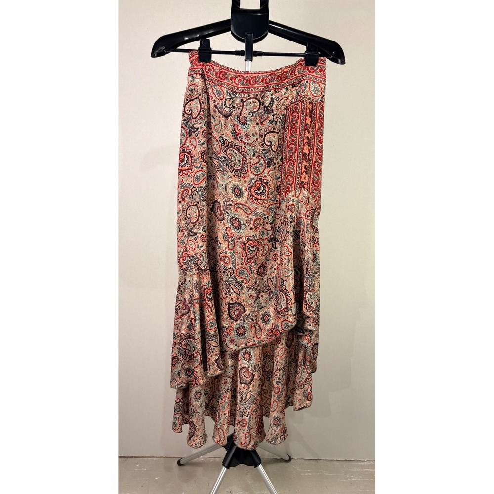 India Boutique Red Paisley High Low Maxi Skirt Smocked Waist Boho Floral